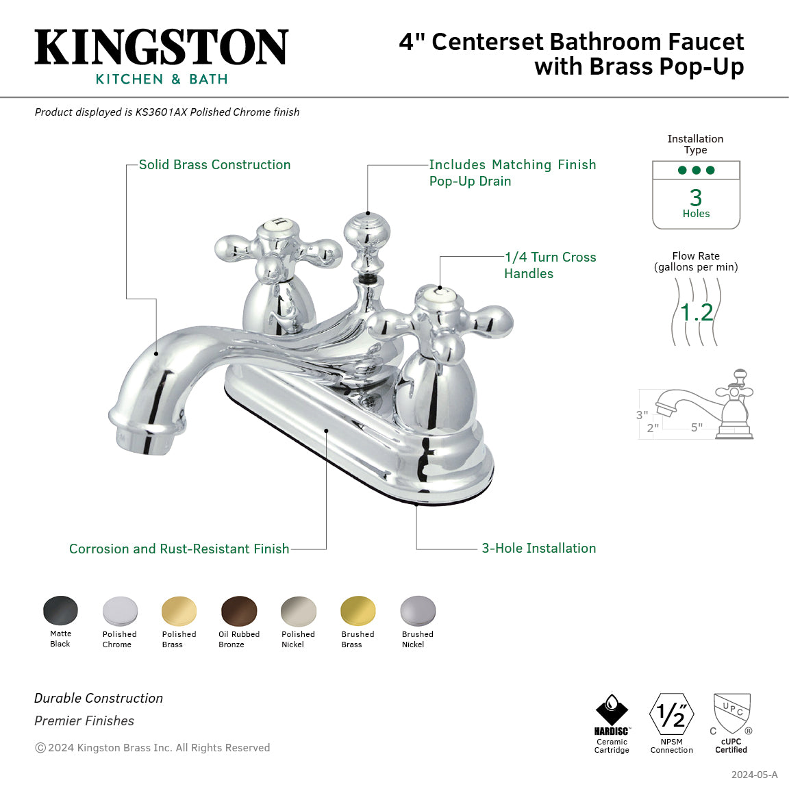Kingston Heirloom KS3608AX - Restoration Double-Handle 3-Hole Deck Mount 4-Inch Centerset Bathroom Faucet with Brass Pop-Up, Brushed Nickel — thumbnail 2